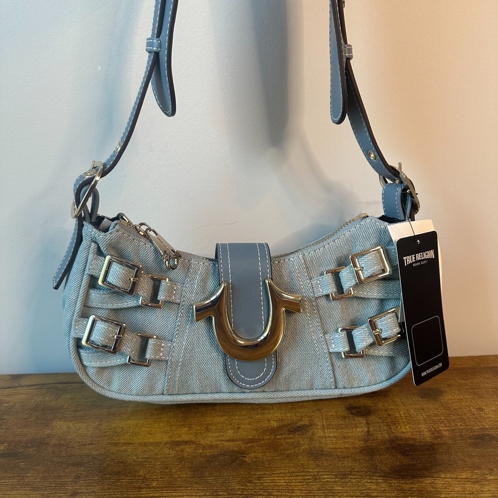 New True Religion Blue Denim Shoulder Handbag Gold Buckle Details Adjustable